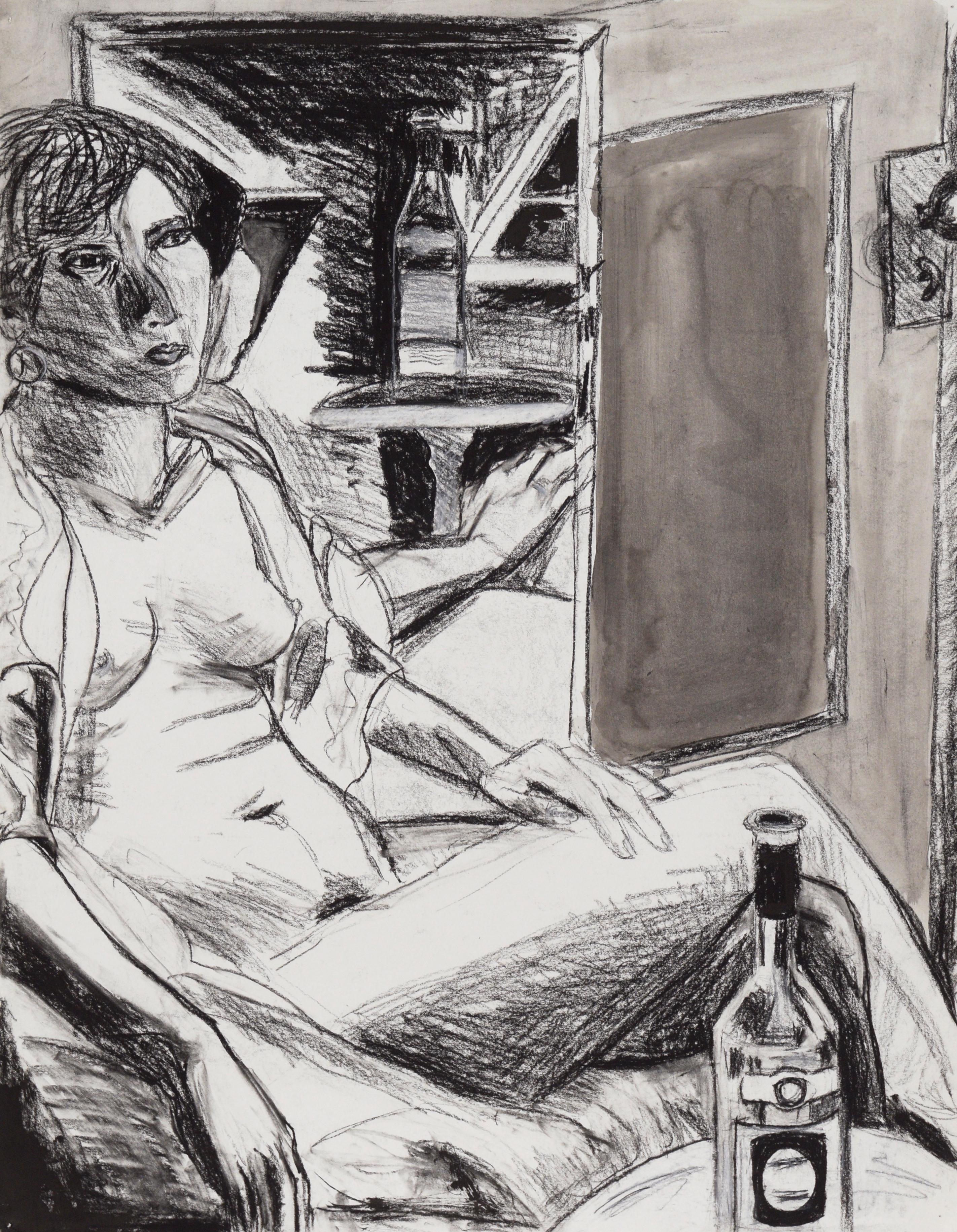 Shadow of Light - Nude Figurative Study with a Bottle of California Wine
