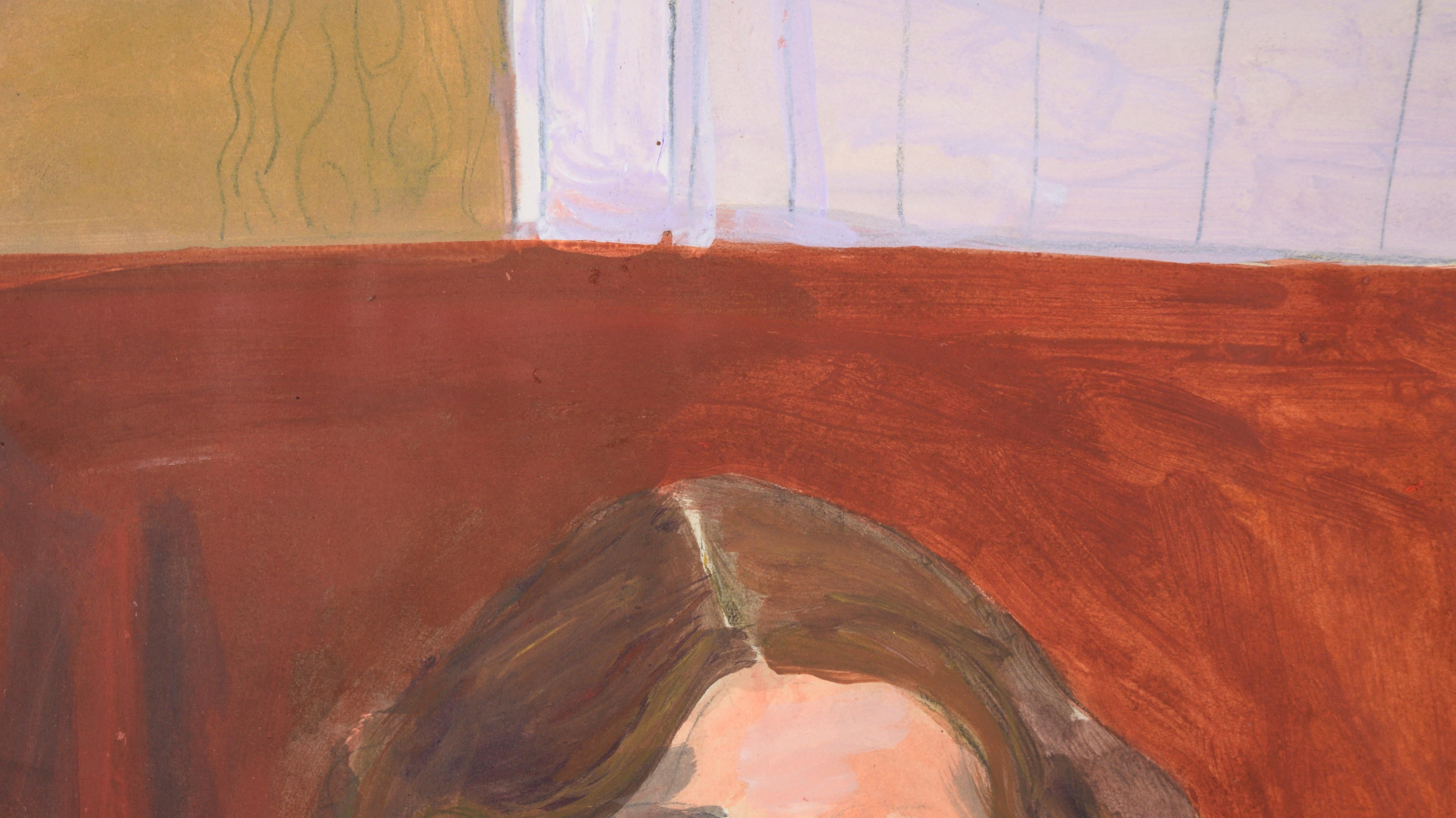 Slow Morning with Coffee - Model at a Table in Acrylic on Paper - Painting by Katherine Kallick