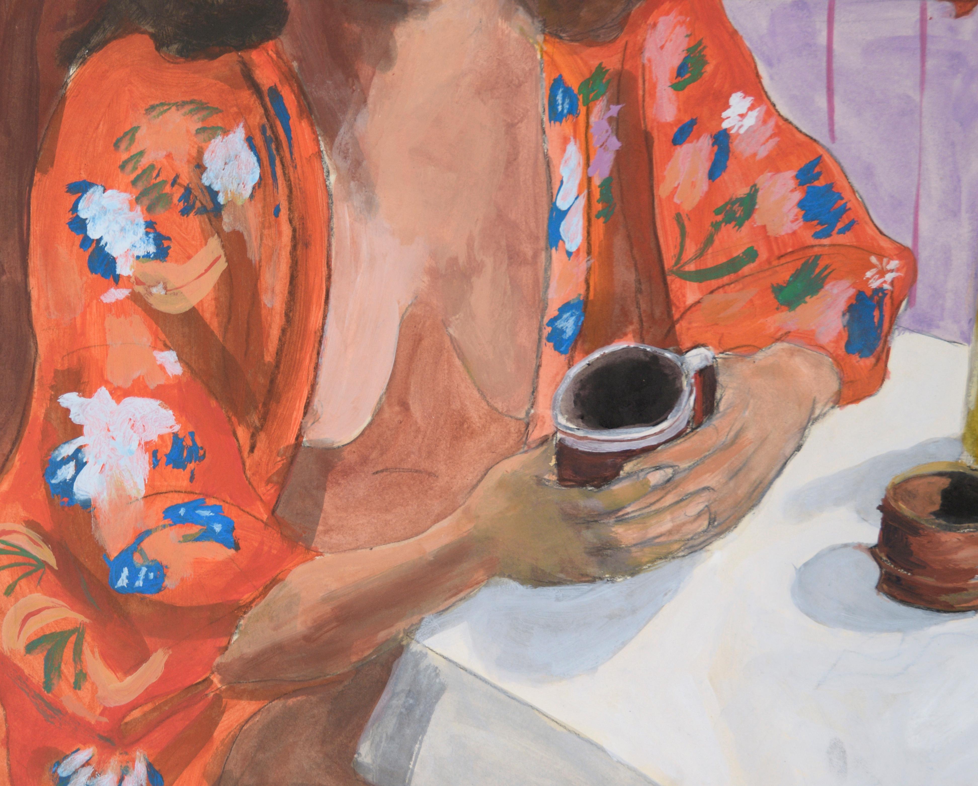 Slow Morning with Coffee - Model at a Table in Acrylic on Paper

Colorful painting of a woman drinking coffee by acclaimed bluegrass musician and San Francisco artist Katherine 