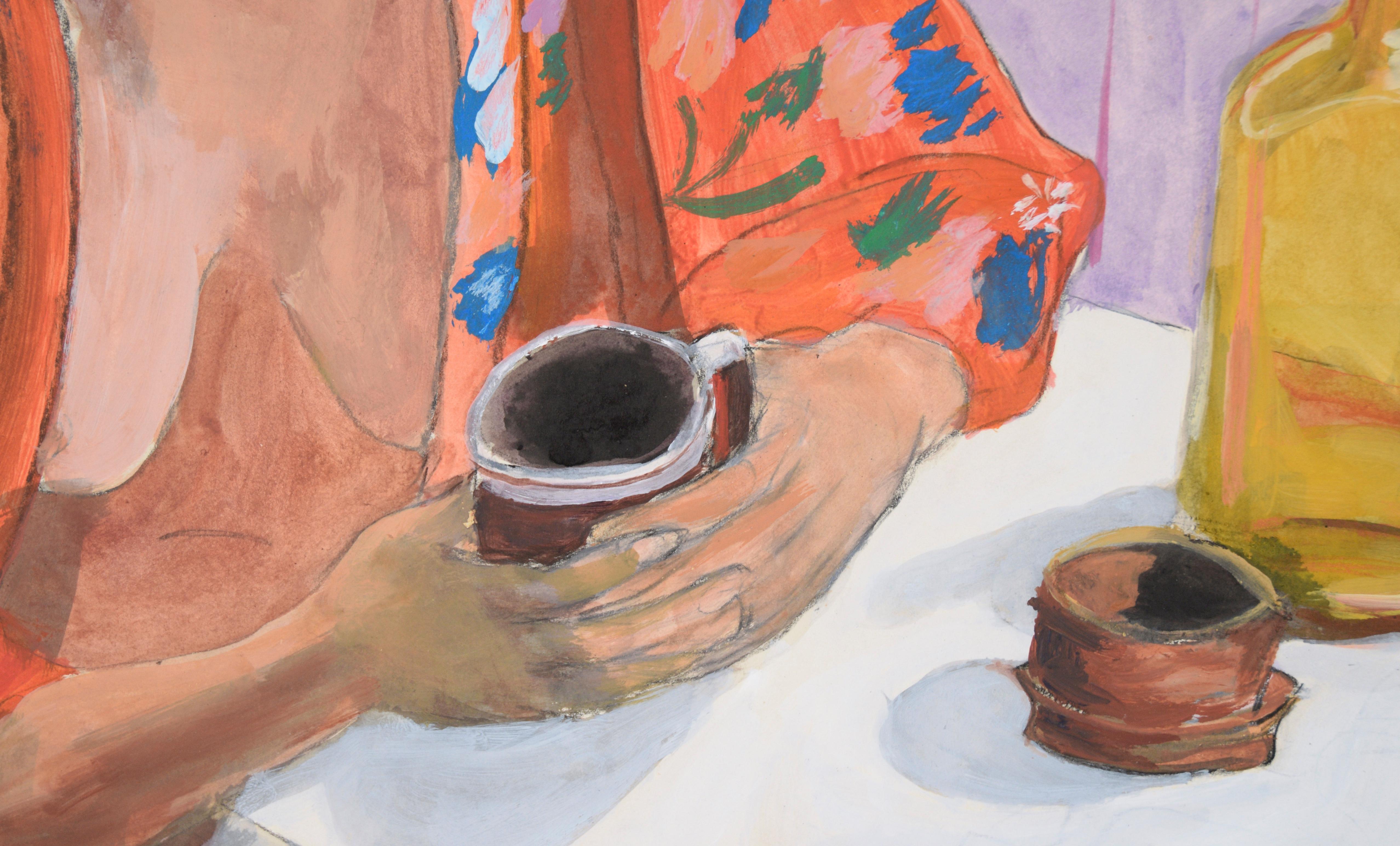 Slow Morning with Coffee - Model at a Table in Acrylic on Paper For Sale 1