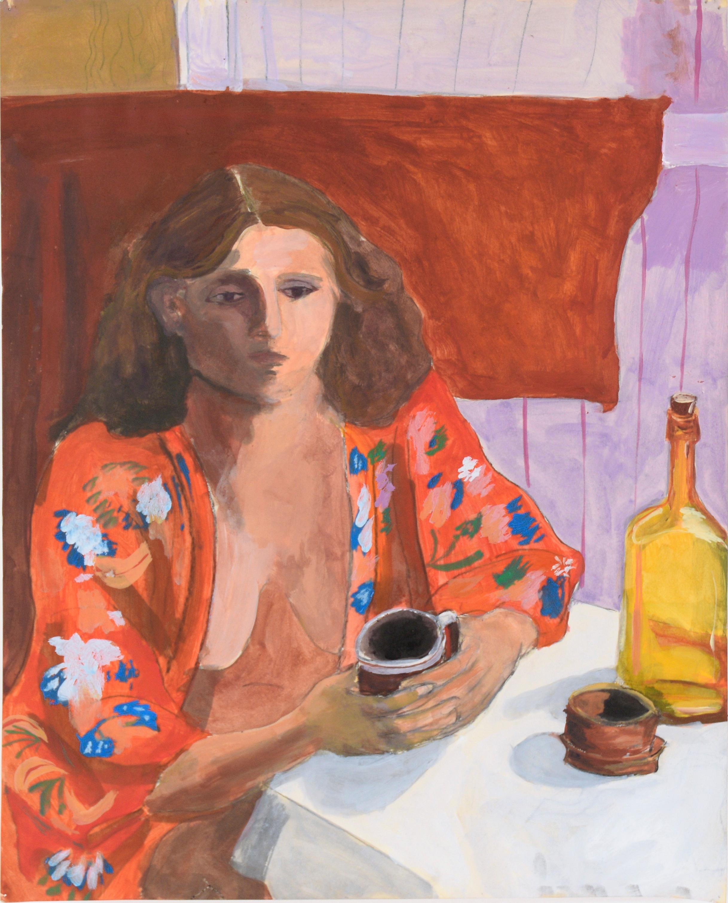 Slow Morning with Coffee - Model at a Table in Acrylic on Paper