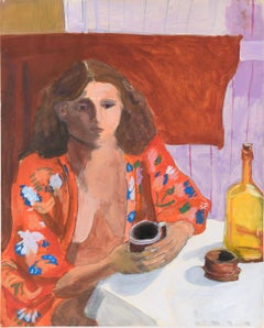 Retro Slow Morning with Coffee - Model at a Table in Acrylic on Paper