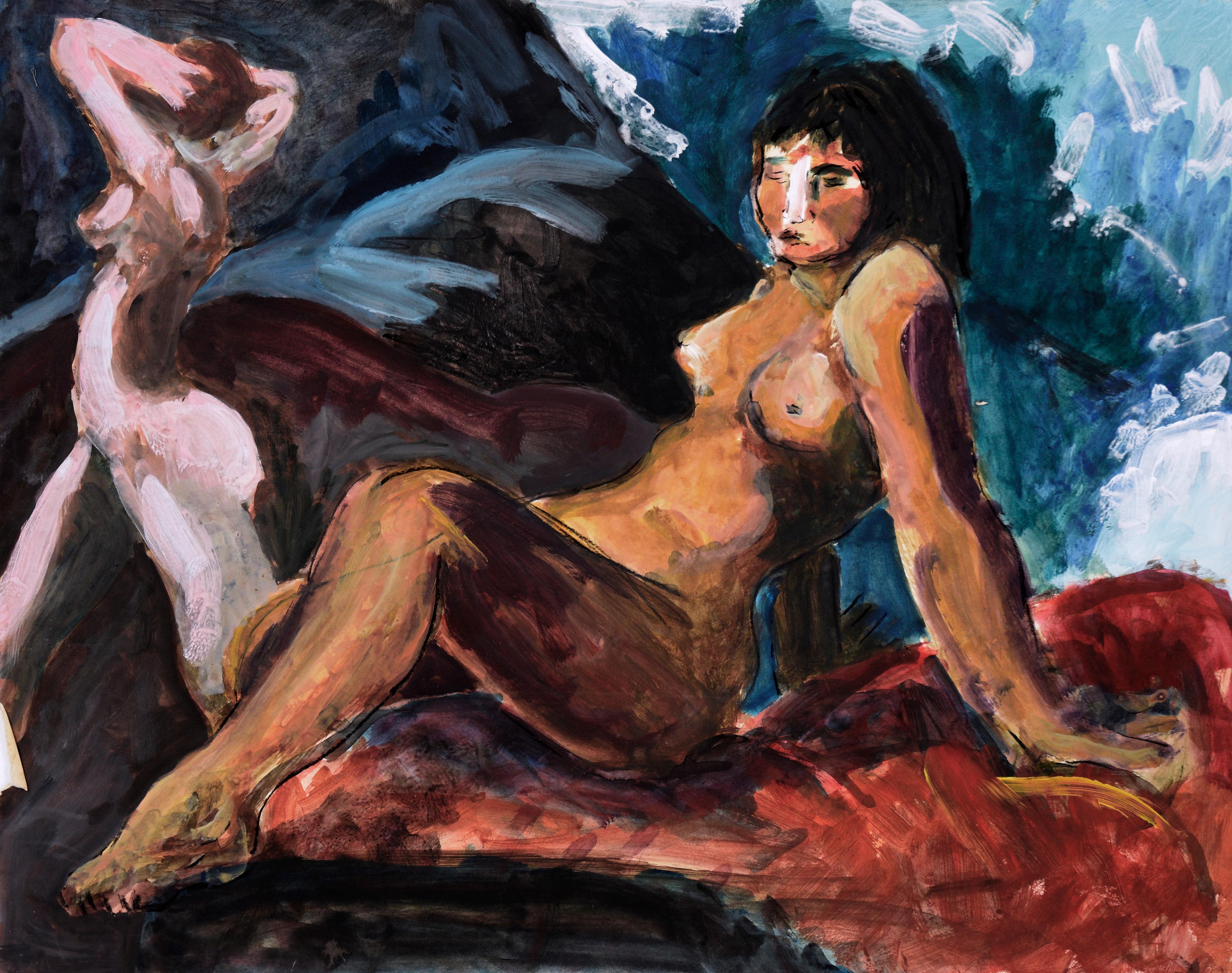 Deux modèles féminins nus à l'acrylique sur papier San Francisco Expressionniste abstrait