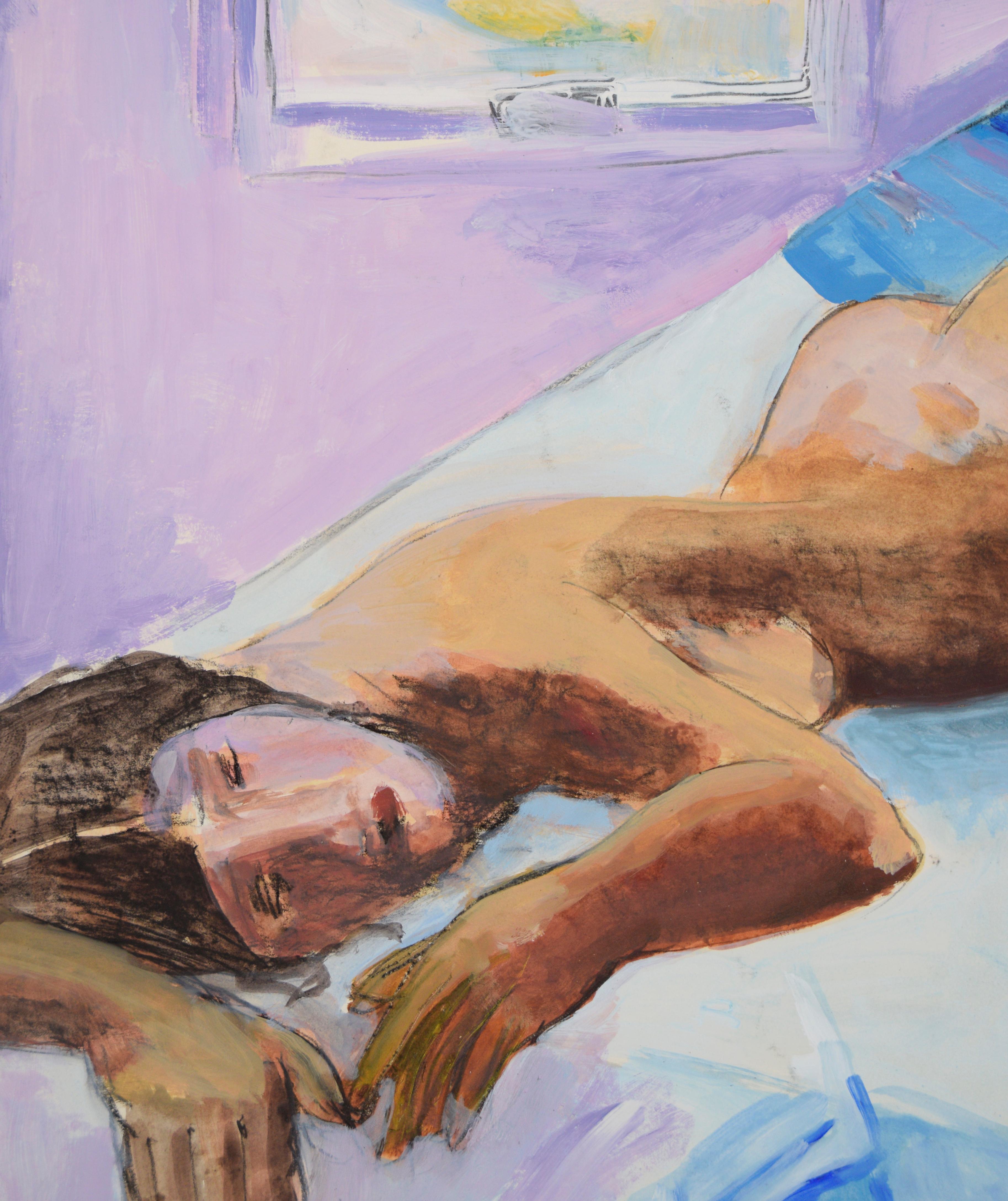 Vintage Figurative Nude Study Posed On Bed - Acrylic On Paper - Painting de Katherine Kallick