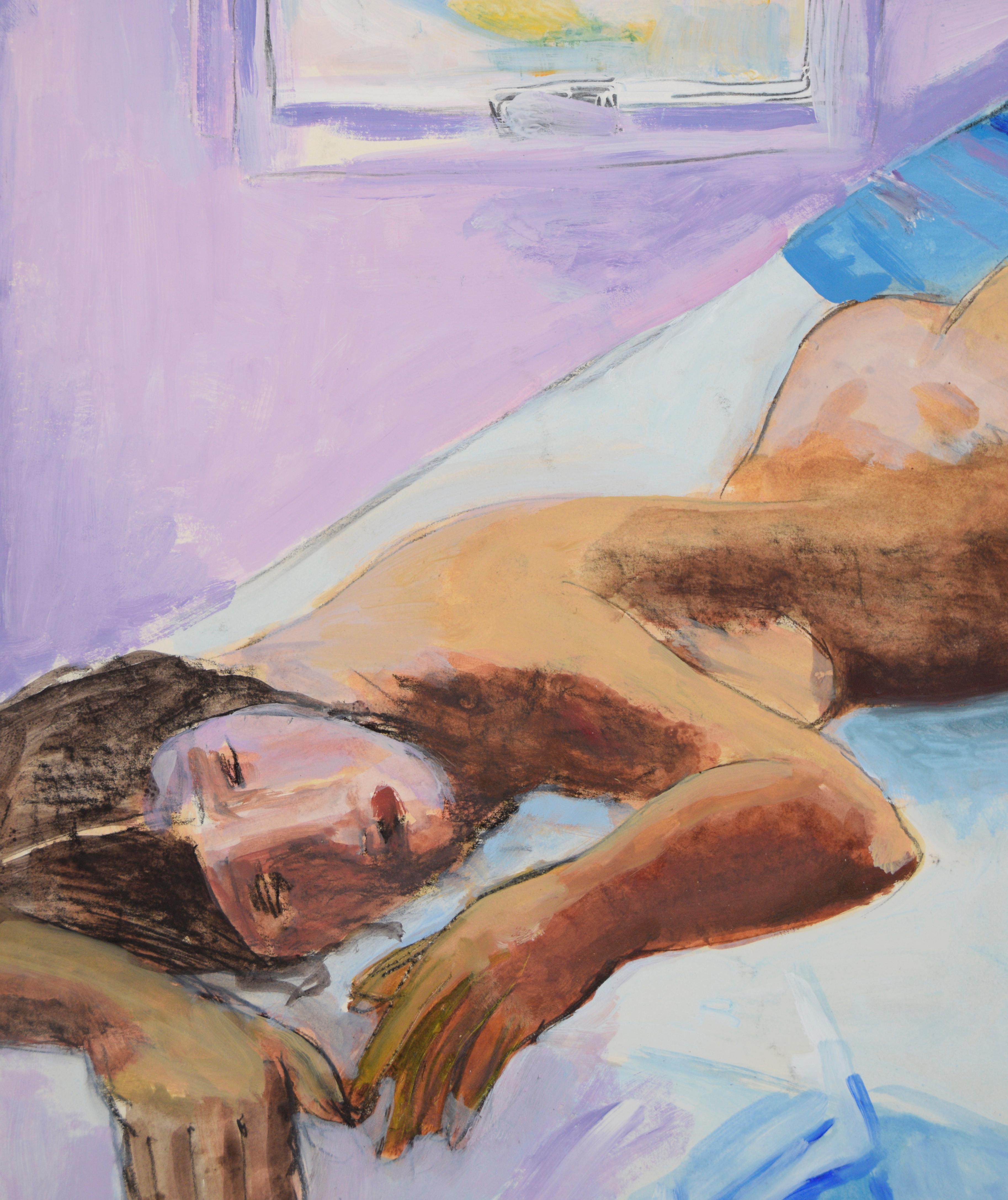 Estudio Vintage Desnudo Figurativo Posado Sobre Cama - Acrílico Sobre Papel - Painting de Katherine Kallick