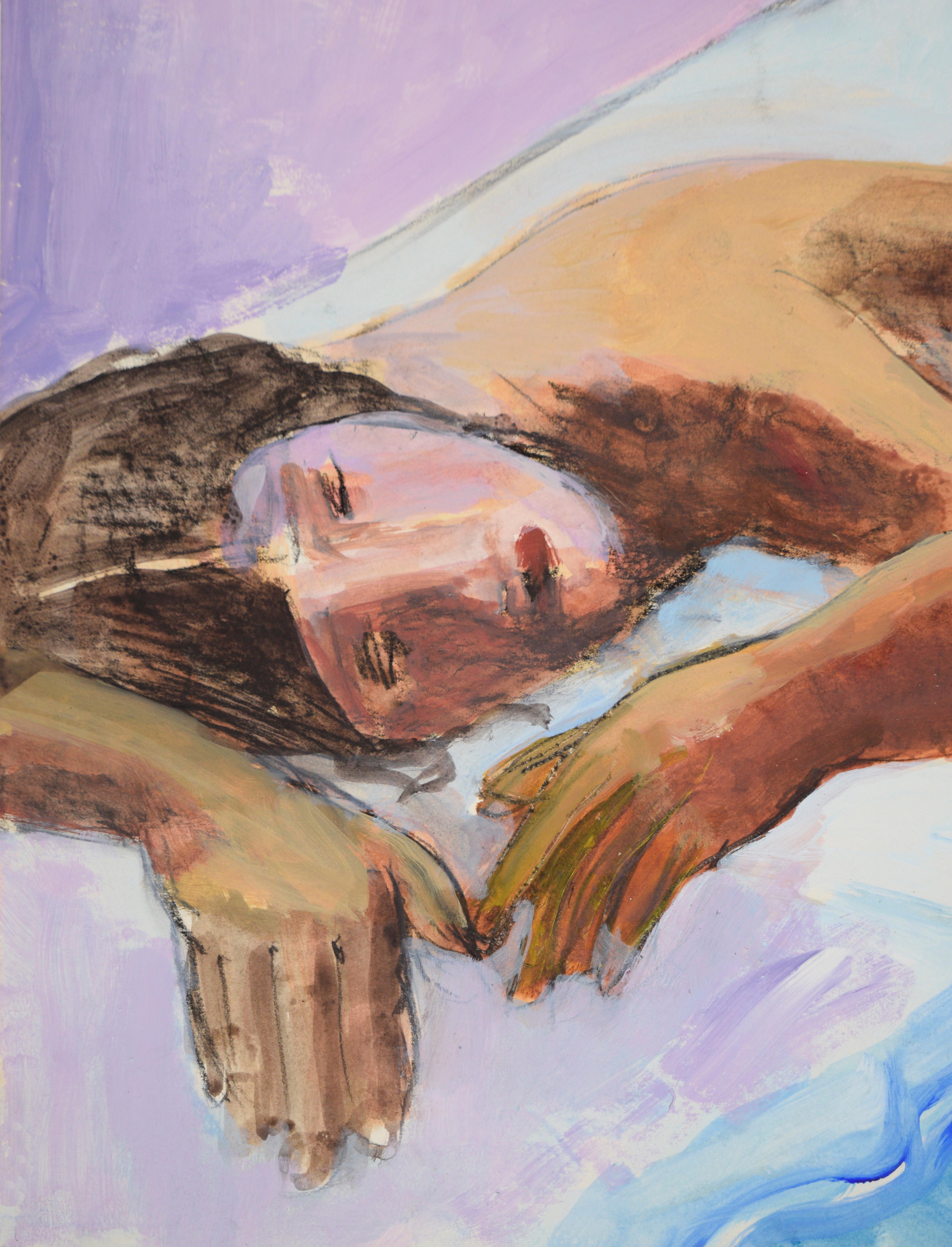 Estudio Vintage Desnudo Figurativo Posado Sobre Cama - Acrílico Sobre Papel - Painting Contemporáneo de Katherine Kallick