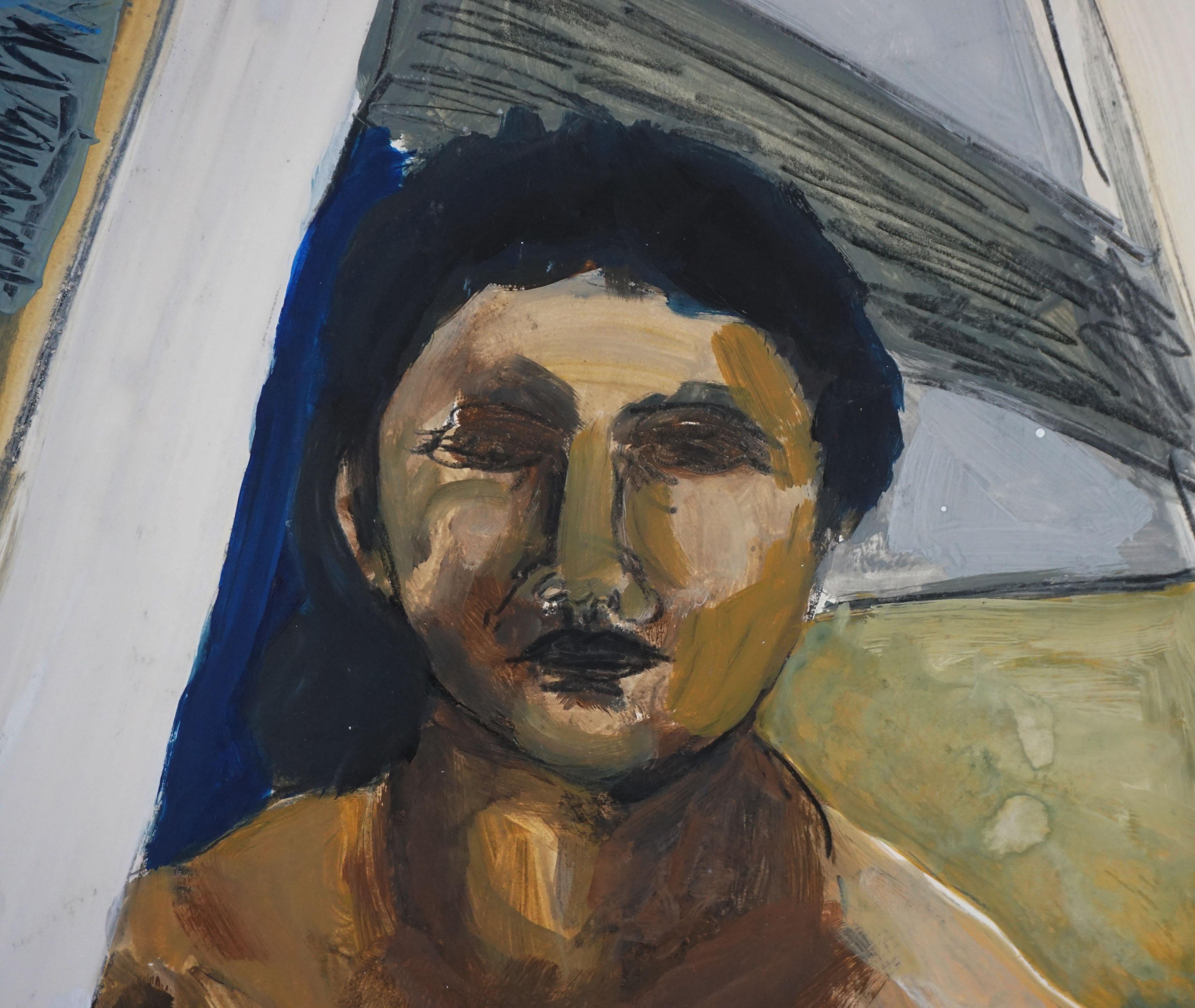 Retrato figurativo vintage de una modelo desnuda -- Bajo el caballete de la sierra - Painting de Katherine Kallick