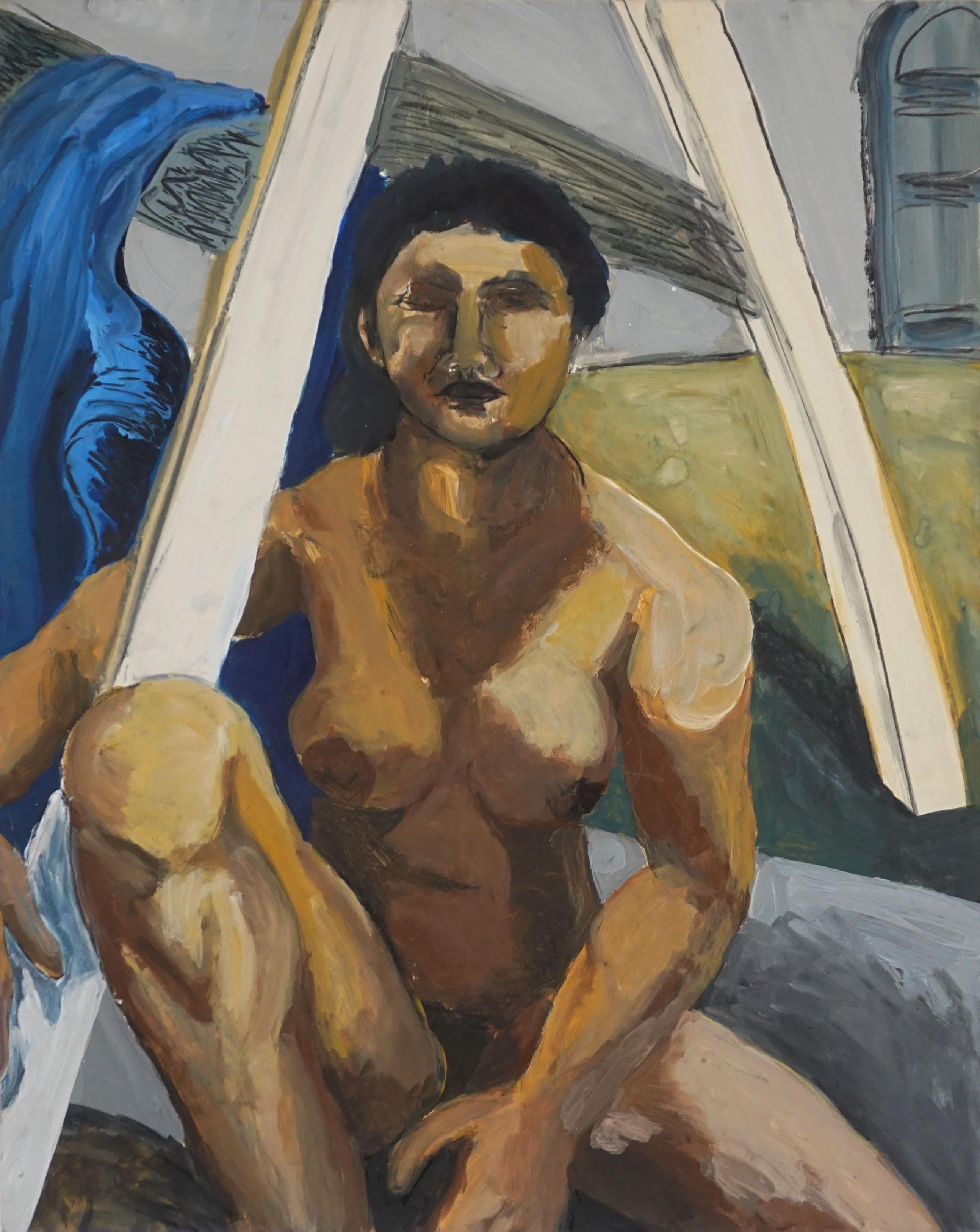 Katherine Kallick Nude Painting - Vintage Figurative Portrait of a Nude Female Model -- Under the Sawhorse