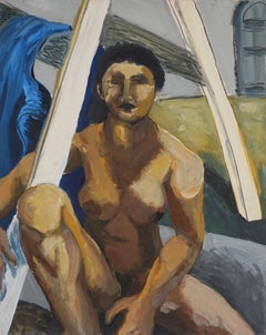 Retro Figurative Portrait of a Nude Female Model -- Under the Sawhorse