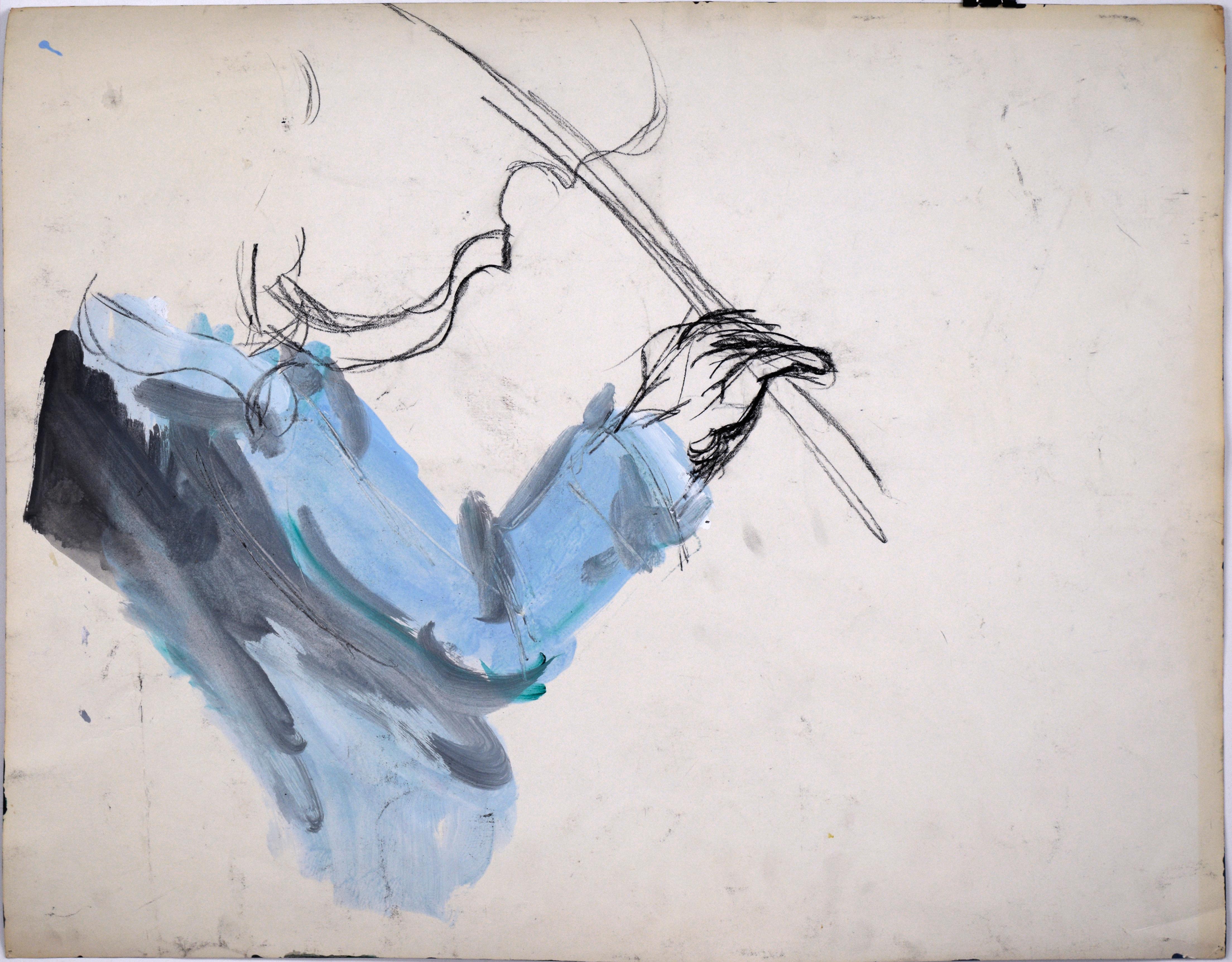 Violin Serenade - Blue Grass in the Nude Acrylic Abstract Expressionist on Paper - Painting by Katherine Kallick