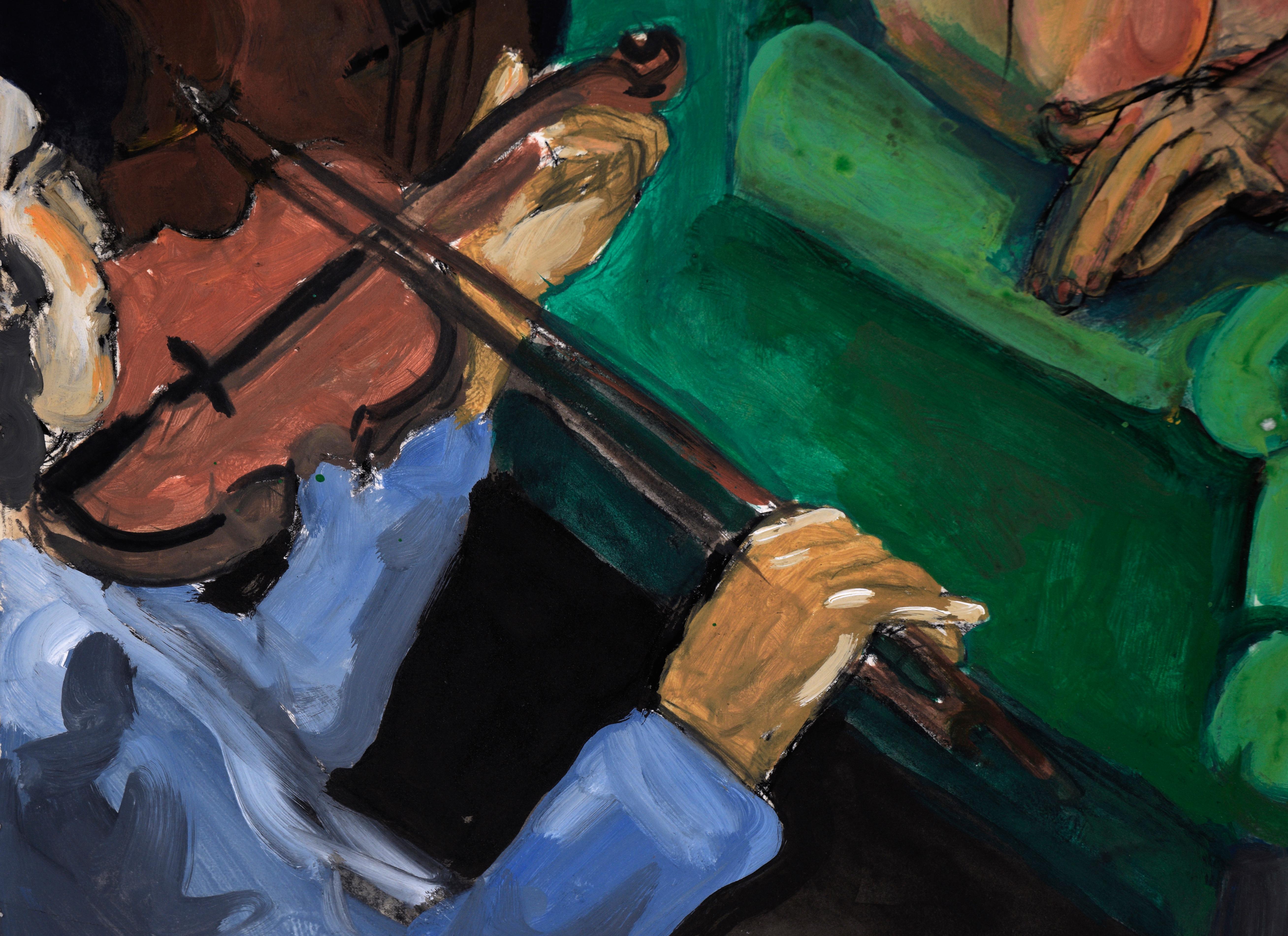 Violin Serenade - Blaues Gras im Akt Acryl Abstrakter Expressionismus auf Papier

Ein Akt, der in einem smaragdgrünen Stuhl liegt, bietet eine interessante Perspektive von oben durch die gefeierte Bluegrass-Musikerin und Künstlerin Katherine 