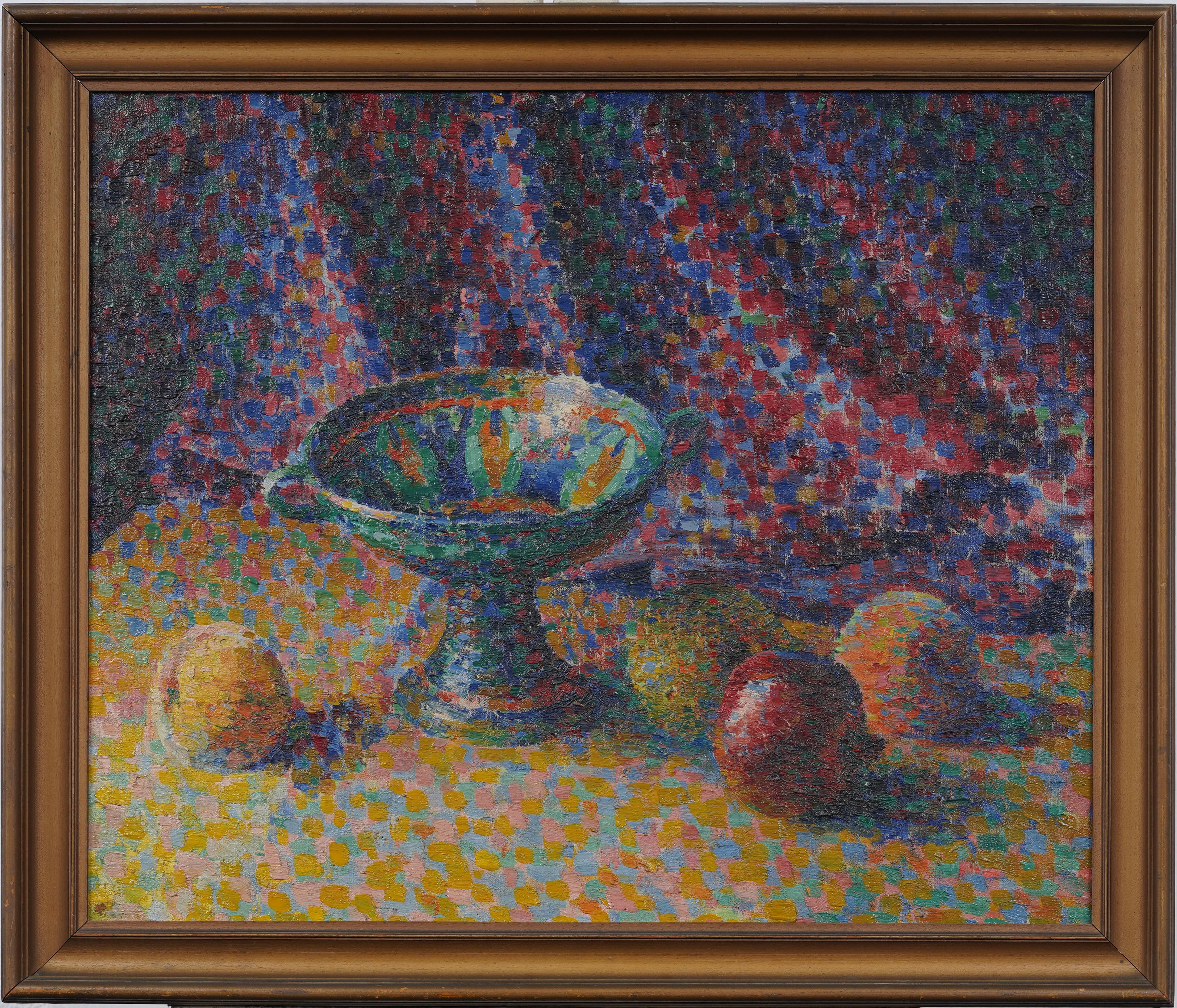 Antico dipinto puntinista di scuola americana con cornice e firma della natura morta esposta - Painting di Katherine Kavanaugh Cahill (1884 - 1962) 