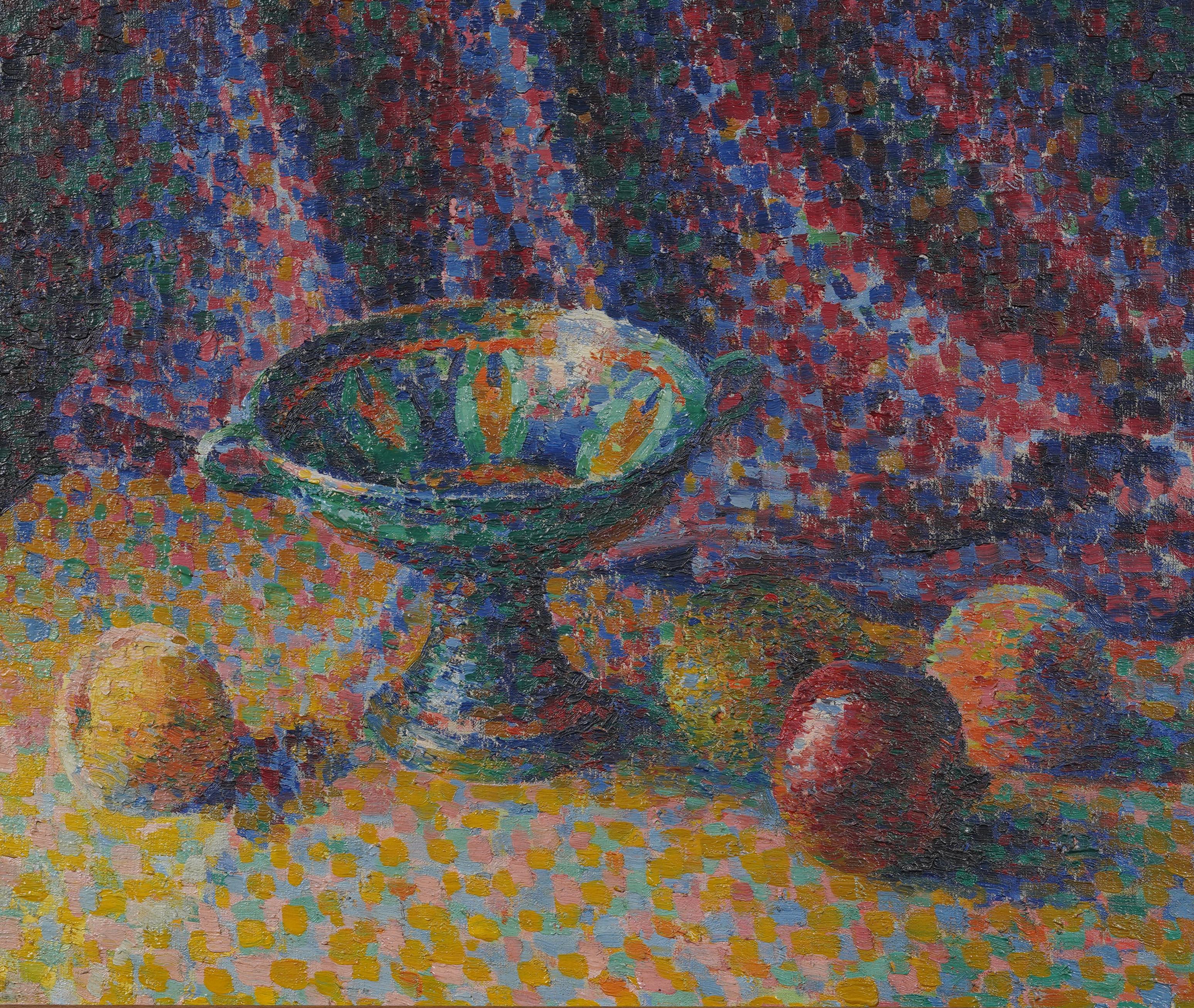 Antico dipinto puntinista di scuola americana con cornice e firma della natura morta esposta - Interior Painting Nero di Katherine Kavanaugh Cahill (1884 - 1962) 
