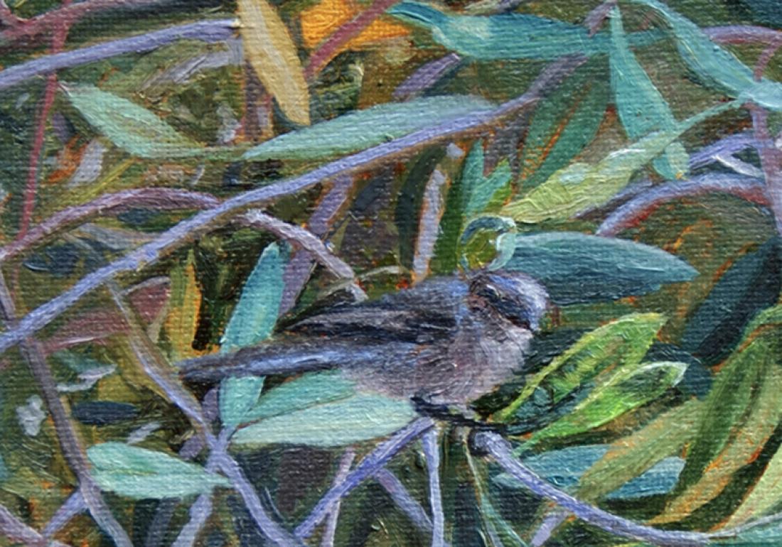 Uccello in un paesaggio contemporaneo con pennello - Landscape Painting Grigio di Katherine Kean