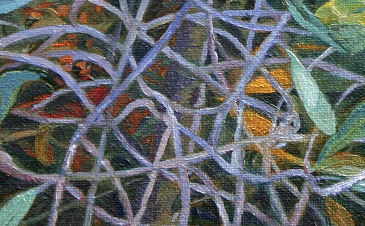 Un piccolo uccello, dipinto in morbide tonalità di terra, si appollaia in mezzo a una fitta rete di rami e fogliame, catturando un momento di intimità nella natura. I rami si intersecano in un motivo organico, quasi architettonico, che riempie la