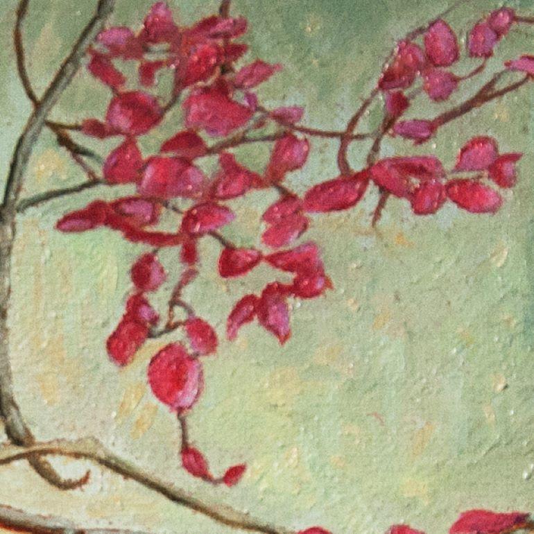 Questo quadro di piccole dimensioni presenta una gioia familiare, che
di un uccellino che è uno dei tanti ospiti giornalieri del giardino. Il piccolo uccello
si appollaia sugli steli incrociati di una fioritura rosa acceso
bouganville. Un uccello in
