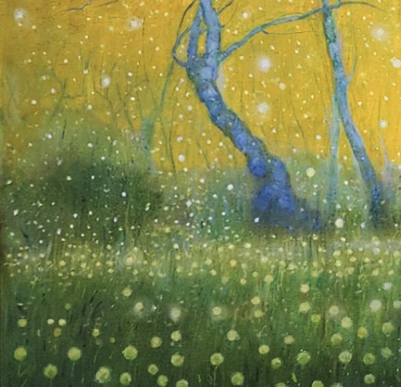 Die von Träumen inspirierte Bildsprache von Blue Grove lädt den Betrachter in eine ruhige, kontemplative Waldszene ein, in der die kühlen Blautöne der Bäume einen auffälligen Kontrast zu einem sanft leuchtenden, warmen Hintergrund bilden. In der