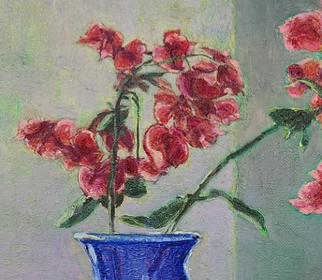 Bougainvillea In Blue Vase floral still life - Contemporary Painting by Katherine Kean