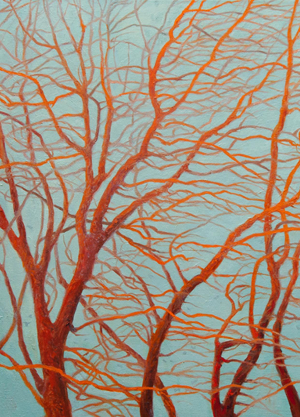 This triptych painting was inspired by an enormous tree, glowing red and orange, lit by the setting sun. I was fascinated by the families of branches spreading from and beyond the trunk; reaching out and through. It is hard to say where one stops