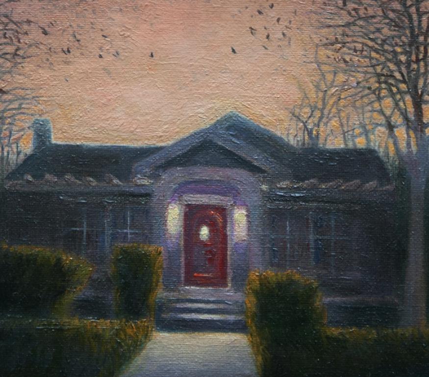 Bungalow Murmuración pintura surrealista contemporánea - Landscape Painting Negro de Katherine Kean