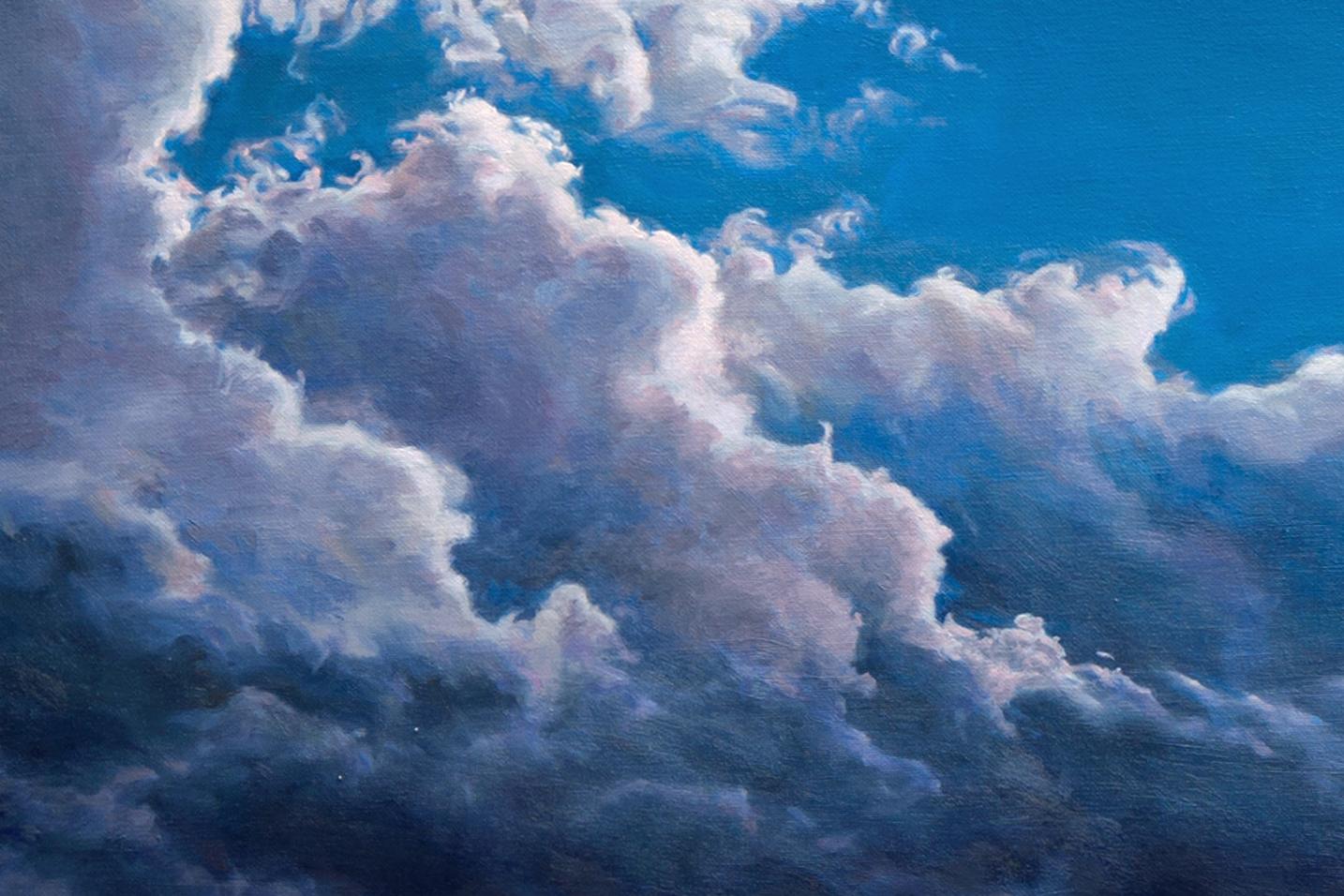Big skies evoke the excitement of a child, chasing fantastical cloud shapes as they blossom and curl against a deep azure sky. This painting is oil on a linen canvas that is 30 x 40 inches, on gallery wrapped linen, 1 1/2 inch deep stretchers, wired