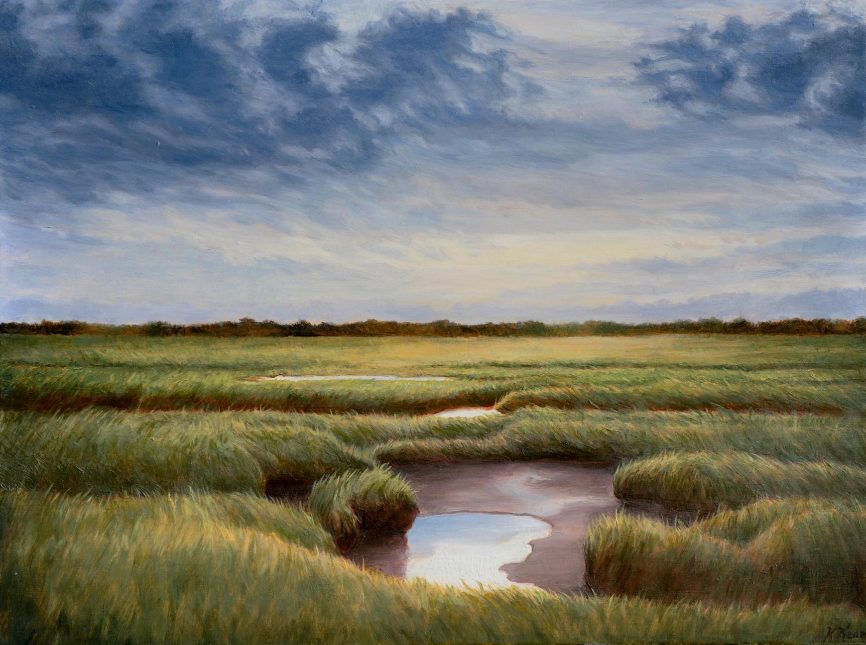 Katherine Kean Landscape Painting – Wolkenwirbel über dem Great Marsh - stimmungsvolle zeitgenössische Landschaft