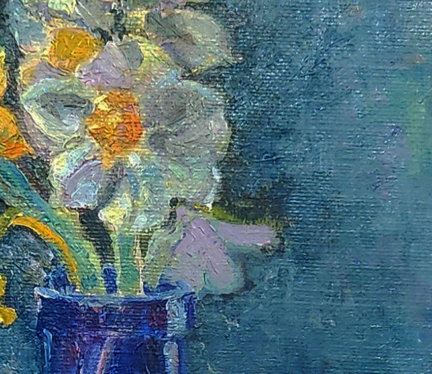Daffodils in Blue Bottle floral still life For Sale 1