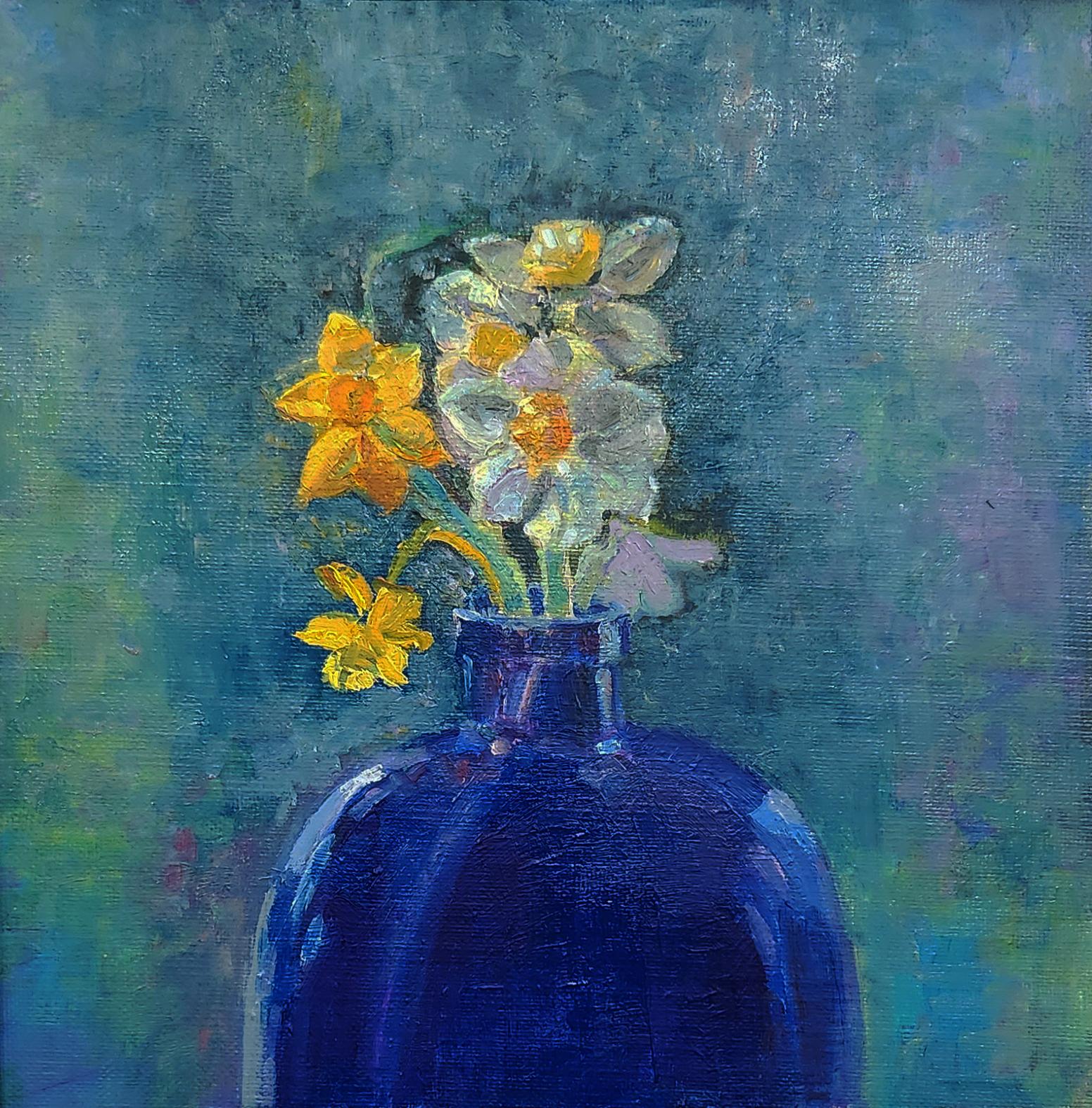 Katherine Kean Still-Life Painting - Daffodils in Blue Bottle floral still life