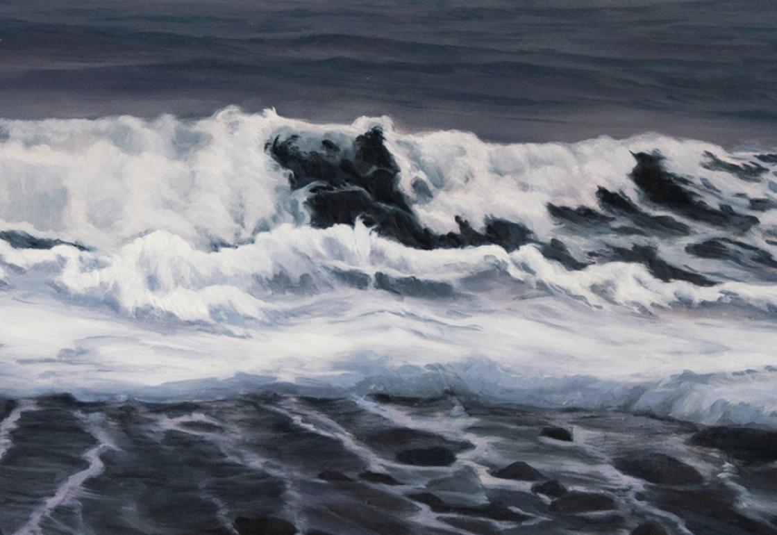 Dark Sea under Clouded Sky captures the fierce energy of a restless sea under an approaching storm. The composition features deep, muted blues and grays that merge into the churning water, interrupted by sharp flashes of white foam as waves collide