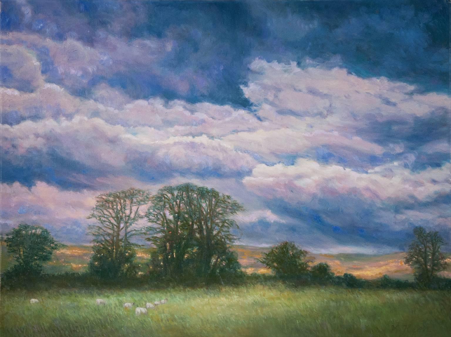 Campo di campagna con pecore paesaggio nuvole