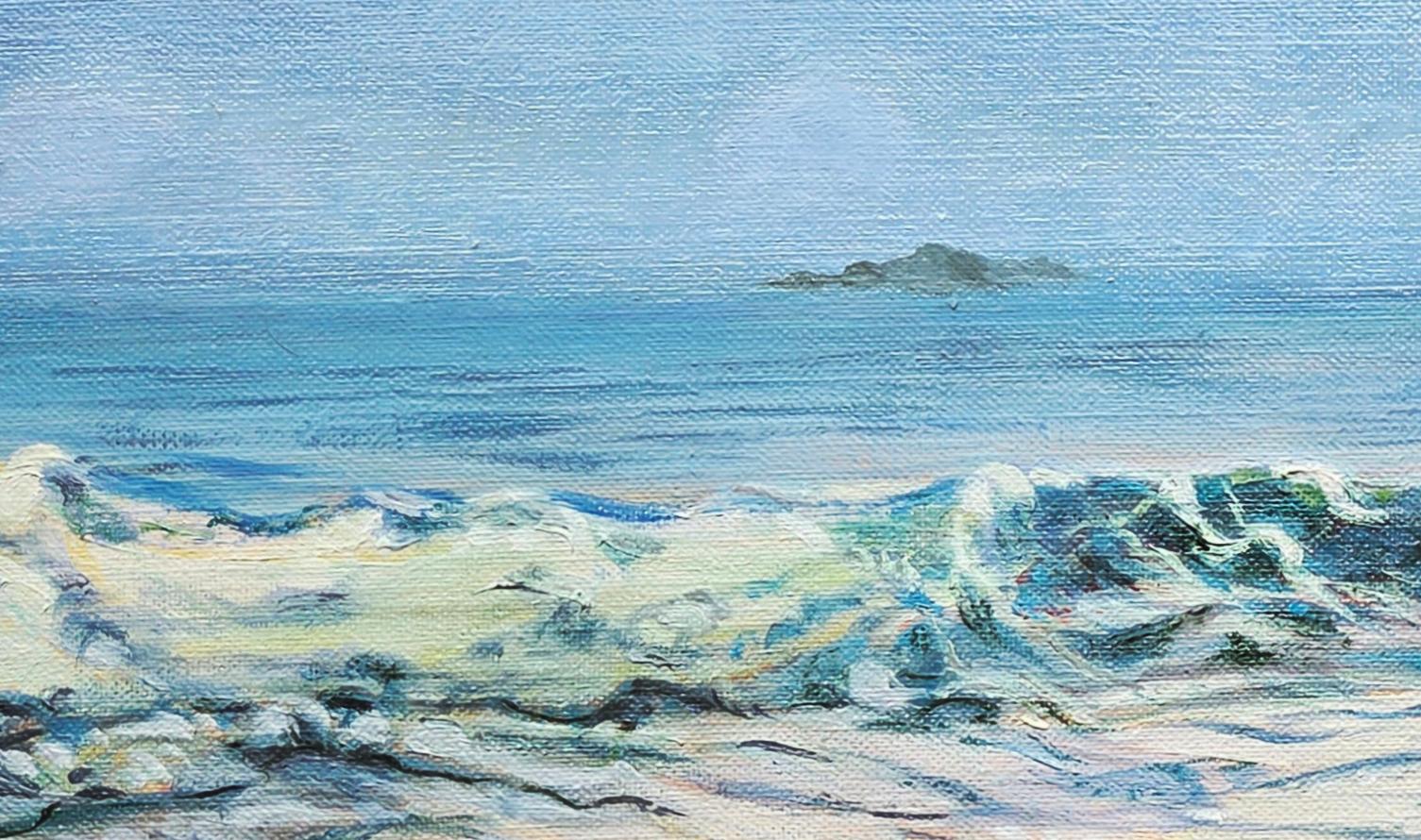 Schaumige Welle gegen Lavafelsen zeitgenössische Meereslandschaft Gemälde (Zeitgenössisch), Painting, von Katherine Kean