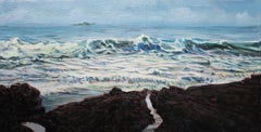 Vague écumeuse contre rochers de lave peinture contemporaine de paysage marin