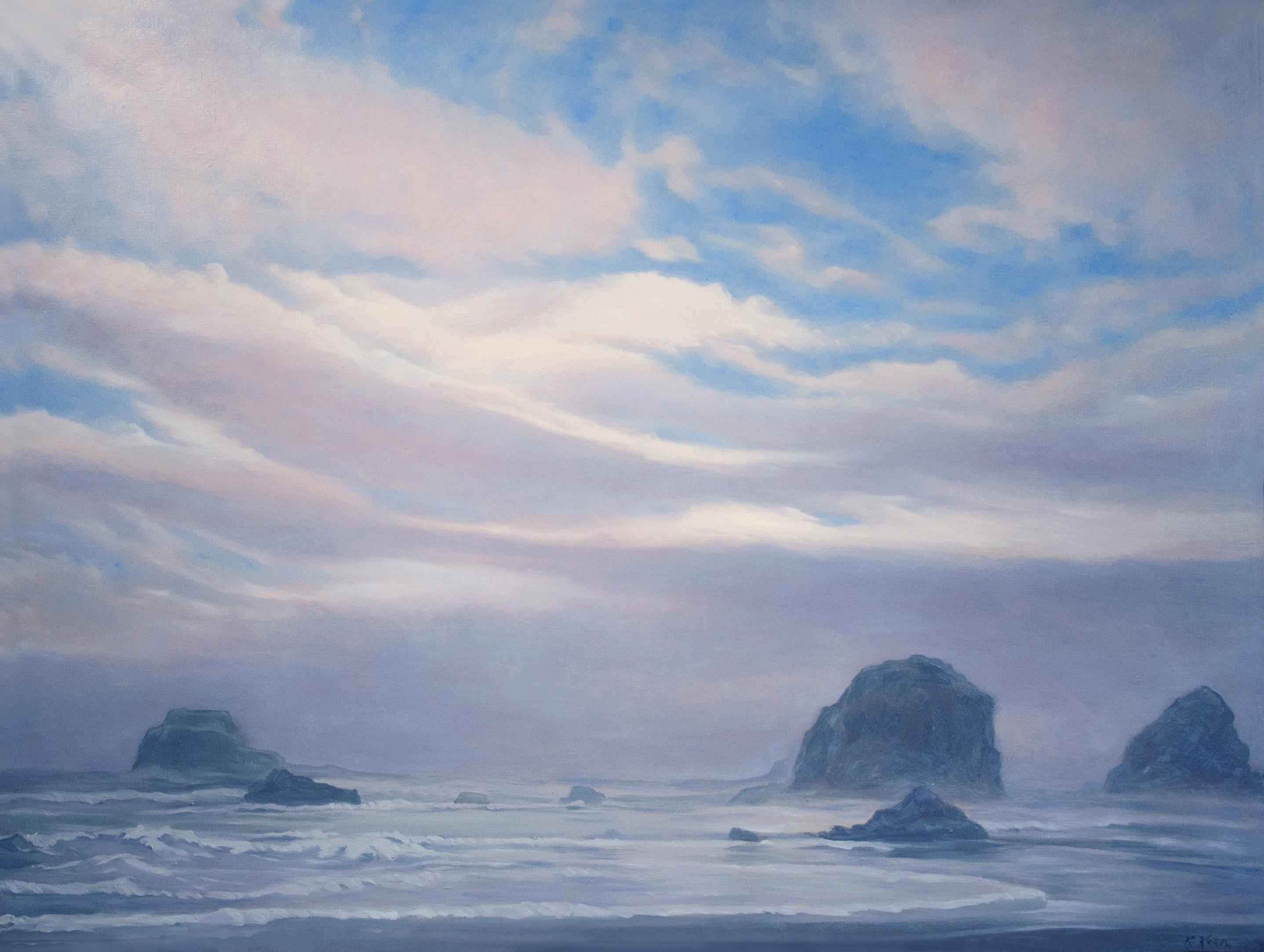 Katherine Kean Landscape Painting – Fog Lifting, zeitgenössische atmosphärische Landschaft