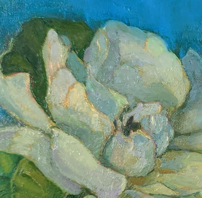Gardenia on Blue floral still life - Painting by Katherine Kean