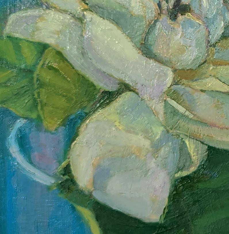 Gardenia on Blue floral still life - Contemporary Painting by Katherine Kean
