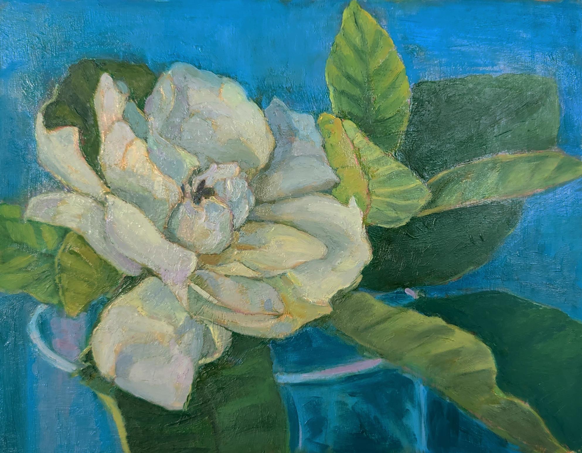 Katherine Kean Still-Life Painting - Gardenia on Blue floral still life