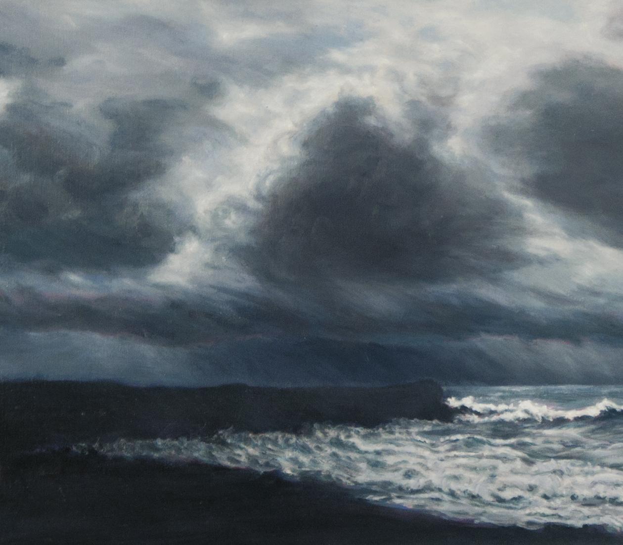 Gathering Point contemporary moody ocean and cloudscape - Painting by Katherine Kean