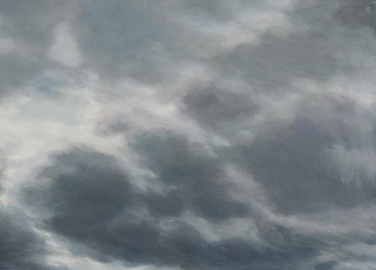 Cette peinture originale à l'huile sur lin, inspirée d'une journée aventureuse et orageuse sur Big Island à Hawaï, sur la plage de Kaimu, engloutie par la lave et battue par les vagues, mesure 24 x 30 pouces, sur toile de lin enveloppée par la