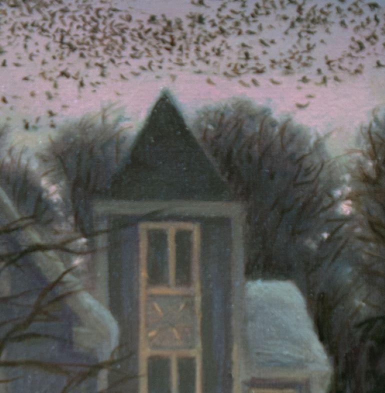 I'm fascinated by the phenomena of murmuration, when birds gather in large numbers and swoop back and forth across the sky. Here, depicting a Victorian house in an imaginary winter, the birds are emerging from the dusk like a dark cloud and creating