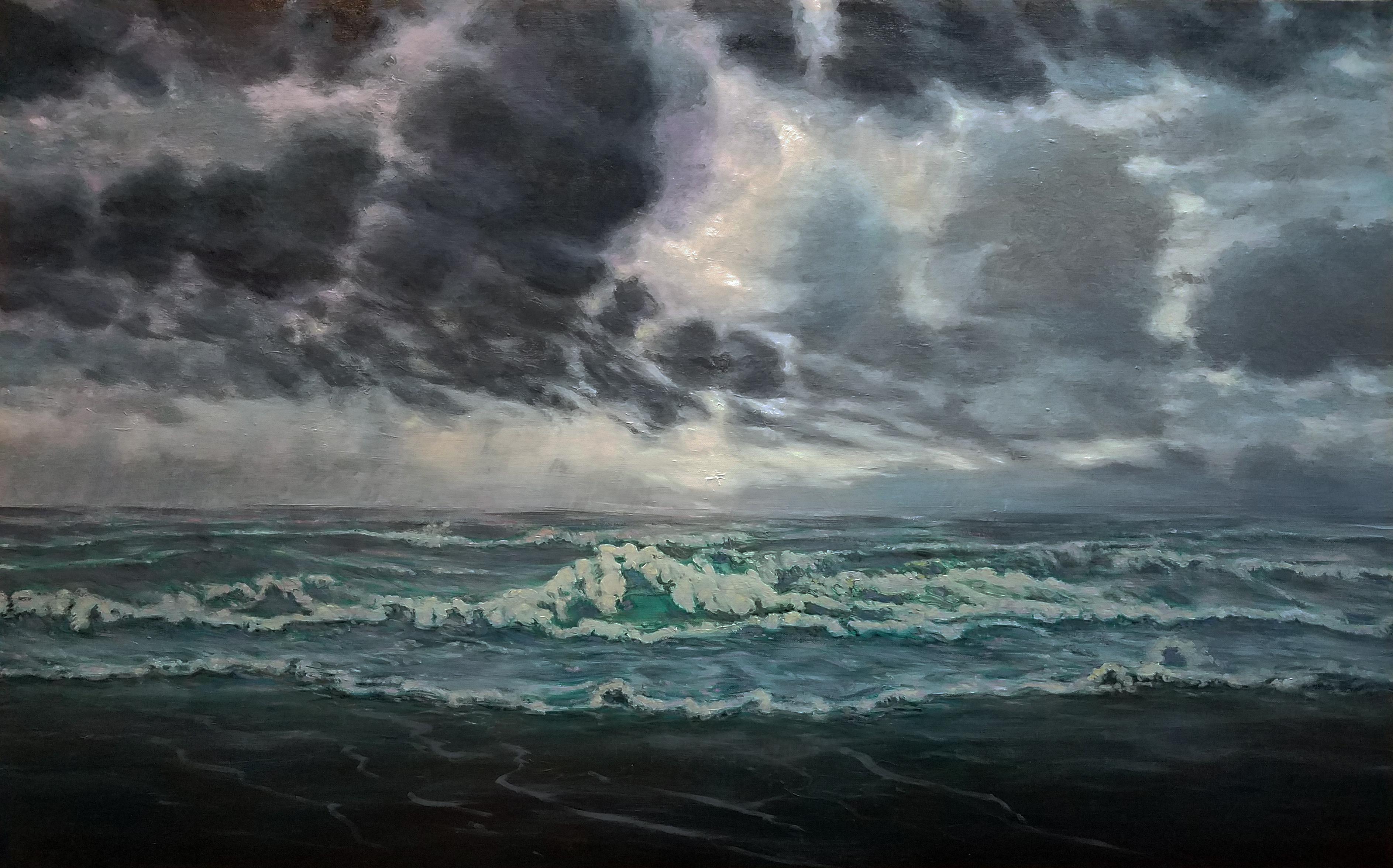 Vague verte tempête paysage marin atmosphérique  - Painting de Katherine Kean