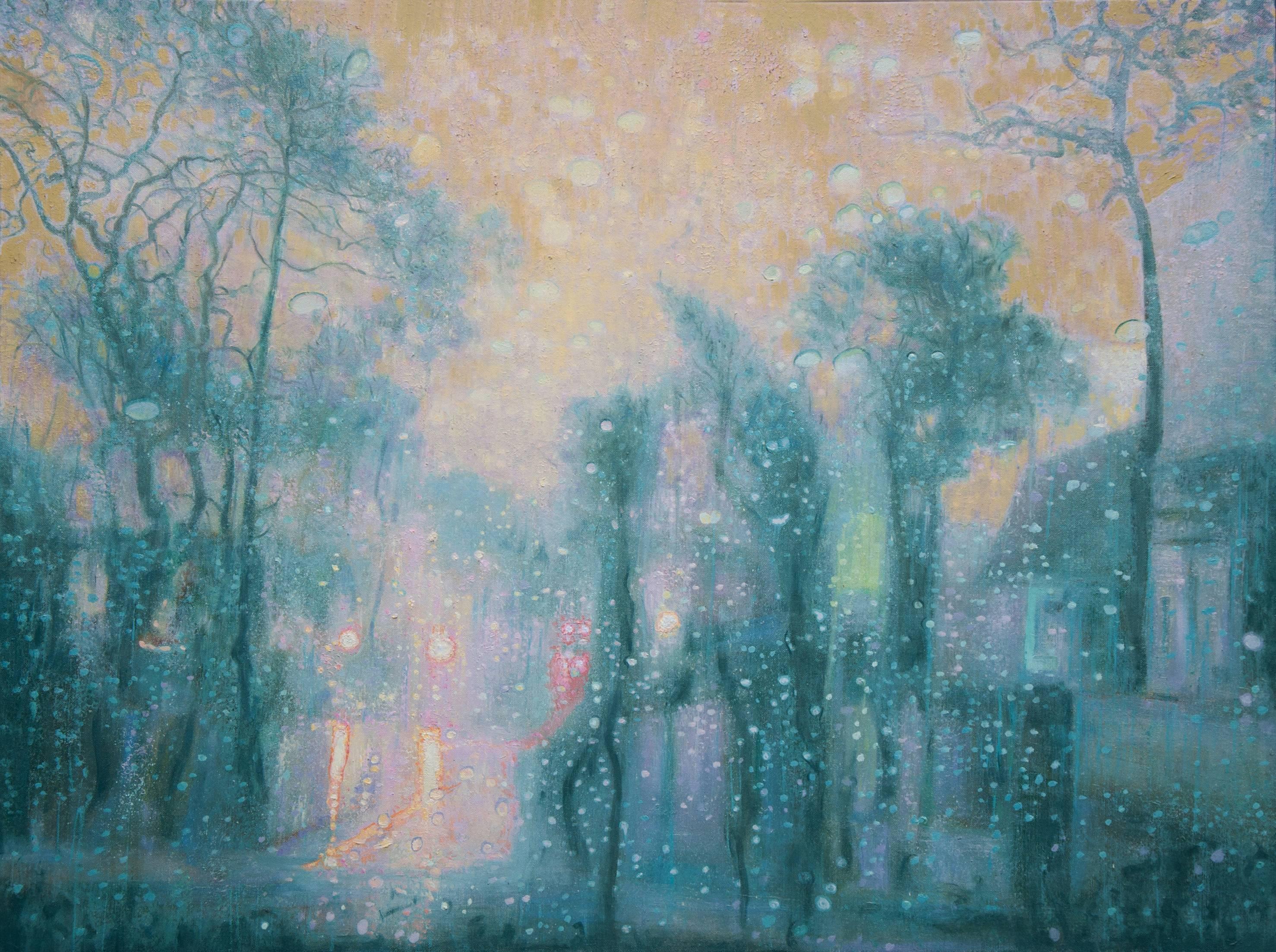 Katherine Kean Landscape Painting – Stadt Regen am späten Tag