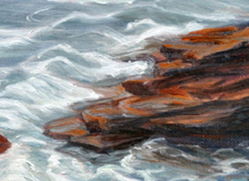 Maine Tides, Rocks contemporary seascape painting - Gray Landscape Painting by Katherine Kean