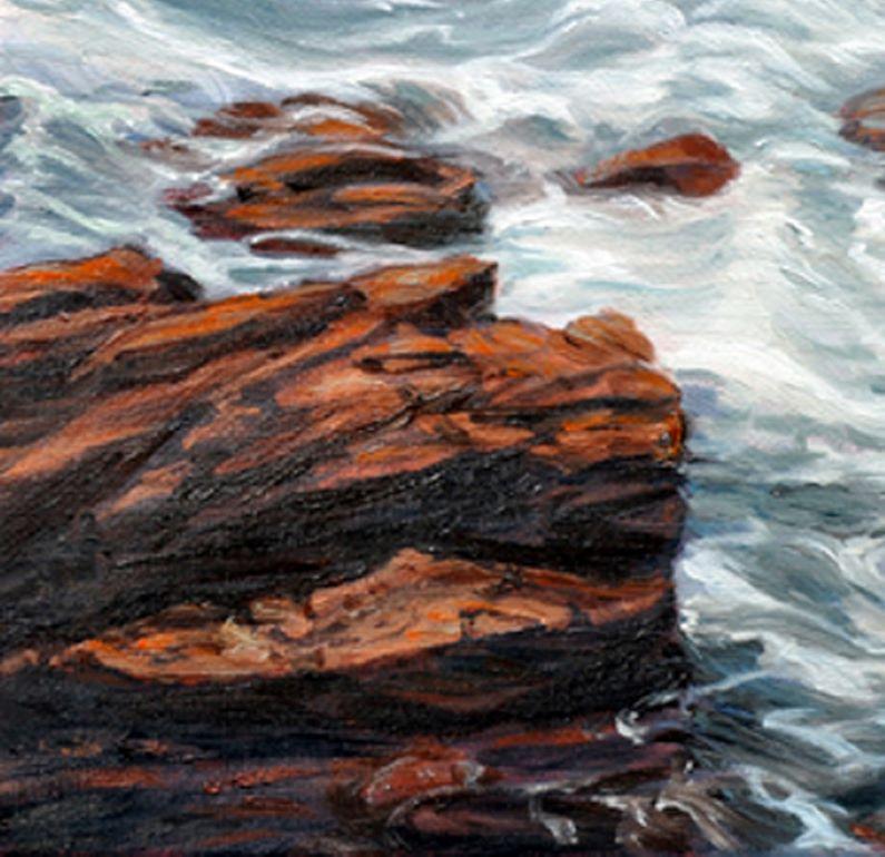 This dynamic seascape celebrates the raw power and beauty
of nature in energetic detail, showcasing robust, textured waves crashing
against the rugged, reddish-brown rocks of the Maine coast. The motion of
the water forms a striking white foam that