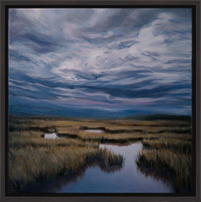 Marsh Labyrinth 3 pittura di paesaggio contemporaneo - Landscape Painting Grigio di Katherine Kean