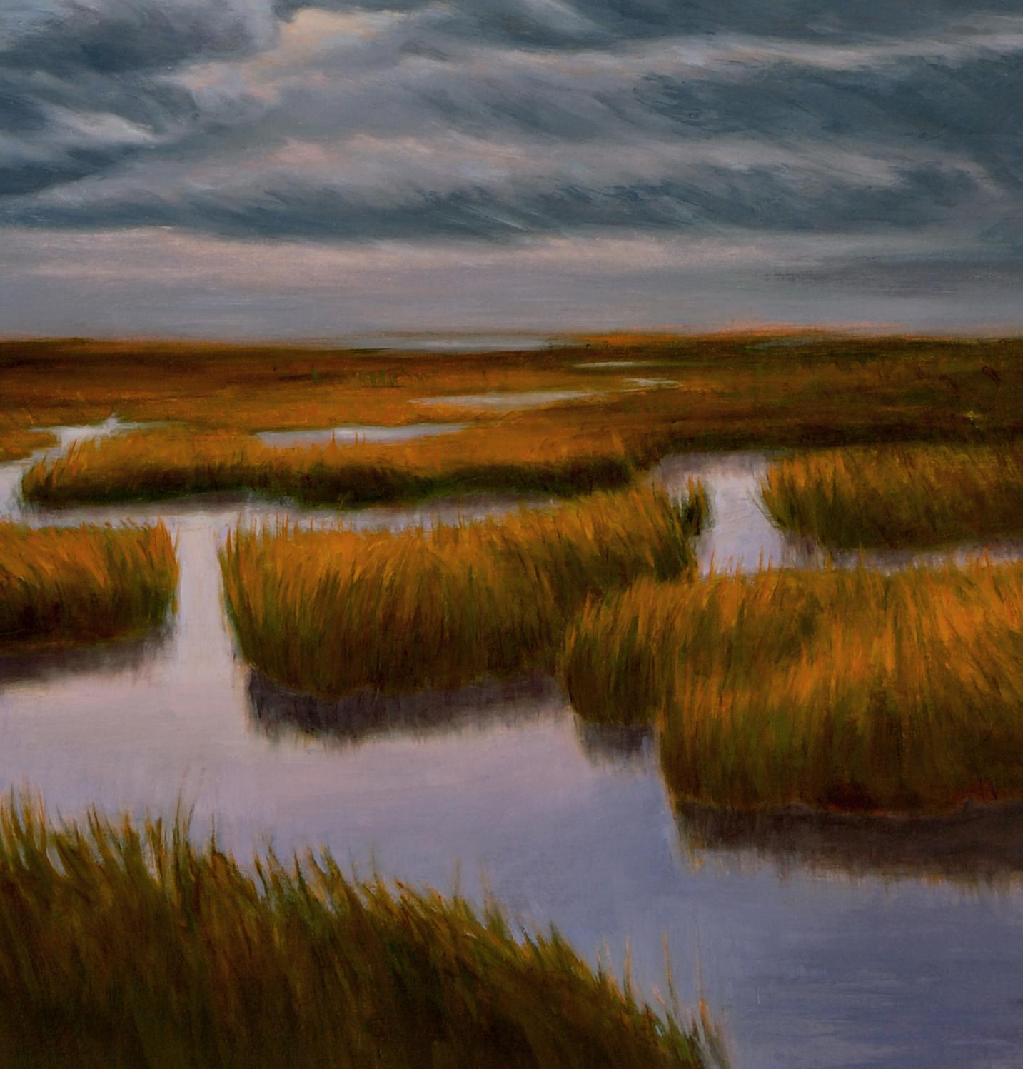 Le labyrinthe des marais représente une eau calme à la limite de la sauvagerie. Un ciel turbulent recouvre des eaux calmes. Un chemin sinueux nous invite à poursuivre notre chemin à travers de mystérieuses herbes à moitié submergées, invitant à la