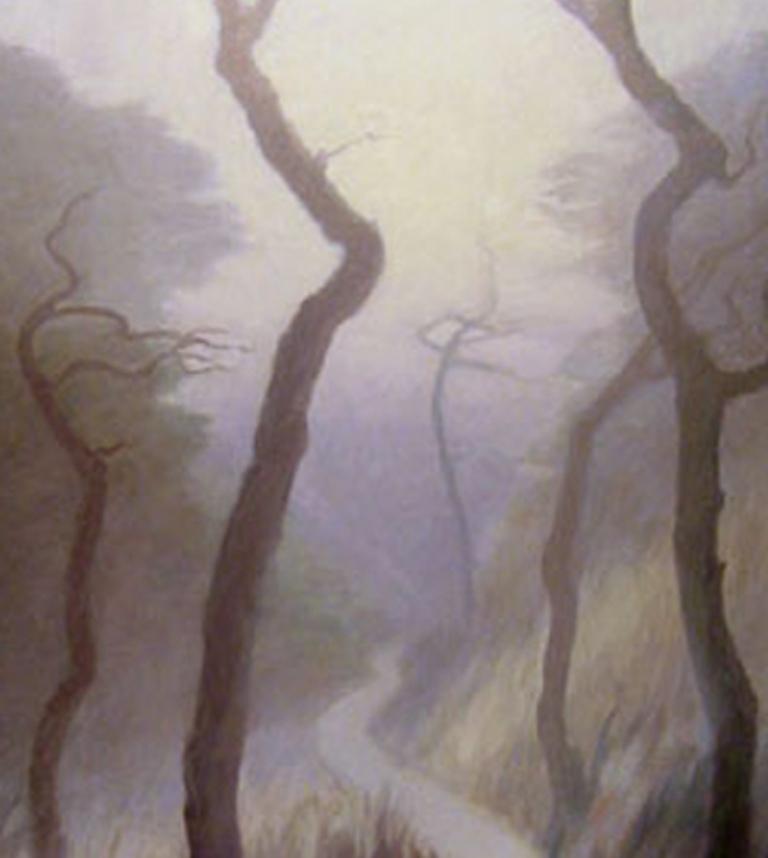 Caminos serpenteantes entre árboles en forma de viento exploran los ilusorios márgenes de la atmósfera y la forma. Los sutiles bordes de la tierra, los árboles y el cielo, parecen disolverse y reaparecer, atrapados en el momento en que los límites
