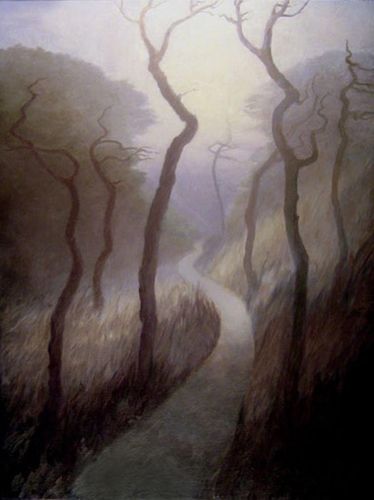 Paisaje atmosférico contemporáneo envuelto en niebla - Painting de Katherine Kean