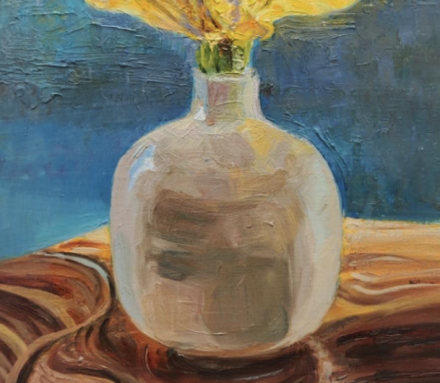 Luce mattutina su ibisco giallo quadro floreale contemporaneo in vendita 1