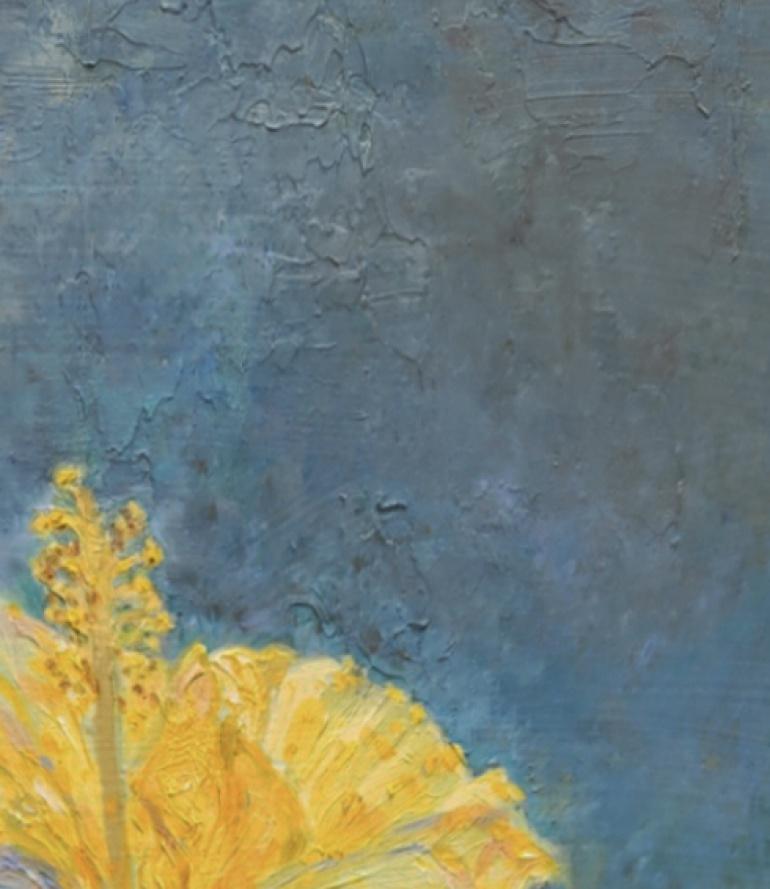 Luce mattutina su ibisco giallo quadro floreale contemporaneo in vendita 2