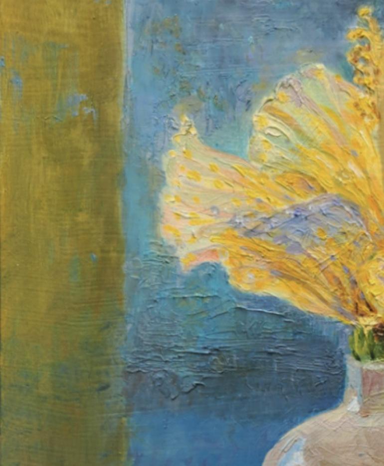 Luce mattutina su ibisco giallo quadro floreale contemporaneo in vendita 3